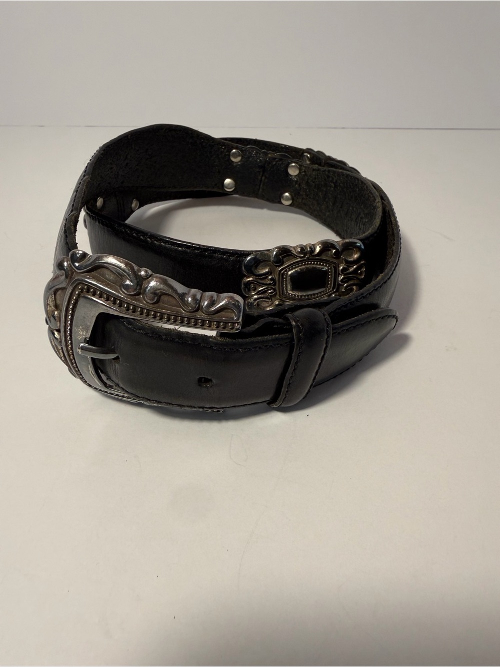 🌵 VTG 1997 Fossil Black Leather Western Buckle & Plaque Belt M 🌵